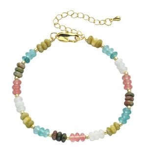 Jade & Unakite Beaded Bracelet Gold Tone Adjustable 6.5 + 2 Inches